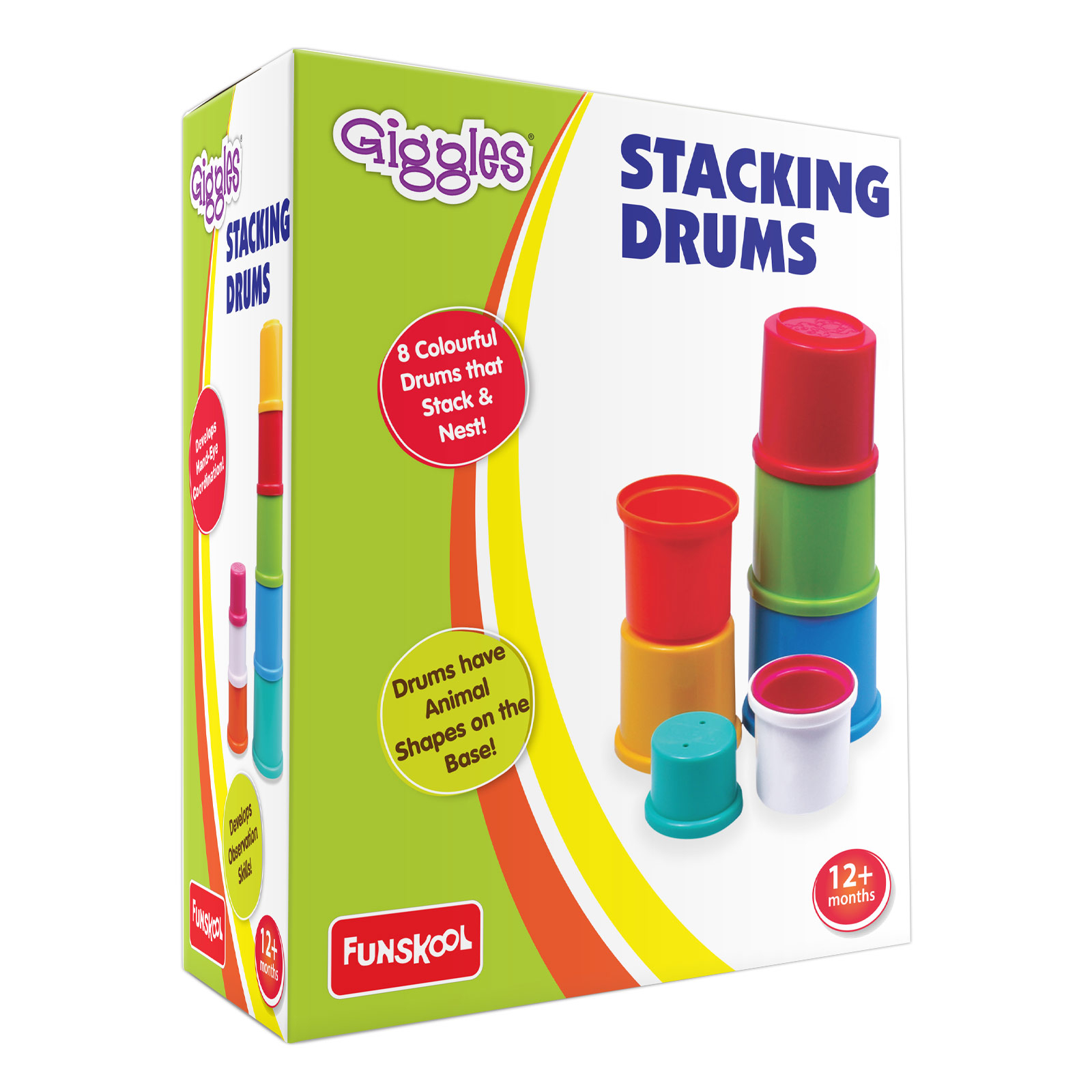 Funskool Giggles Stacking Drums, Multicolour stacking Blocks with Animals, Helps to Sort, Stack and Nest, 12 months & above, Infant and Preschool Toys