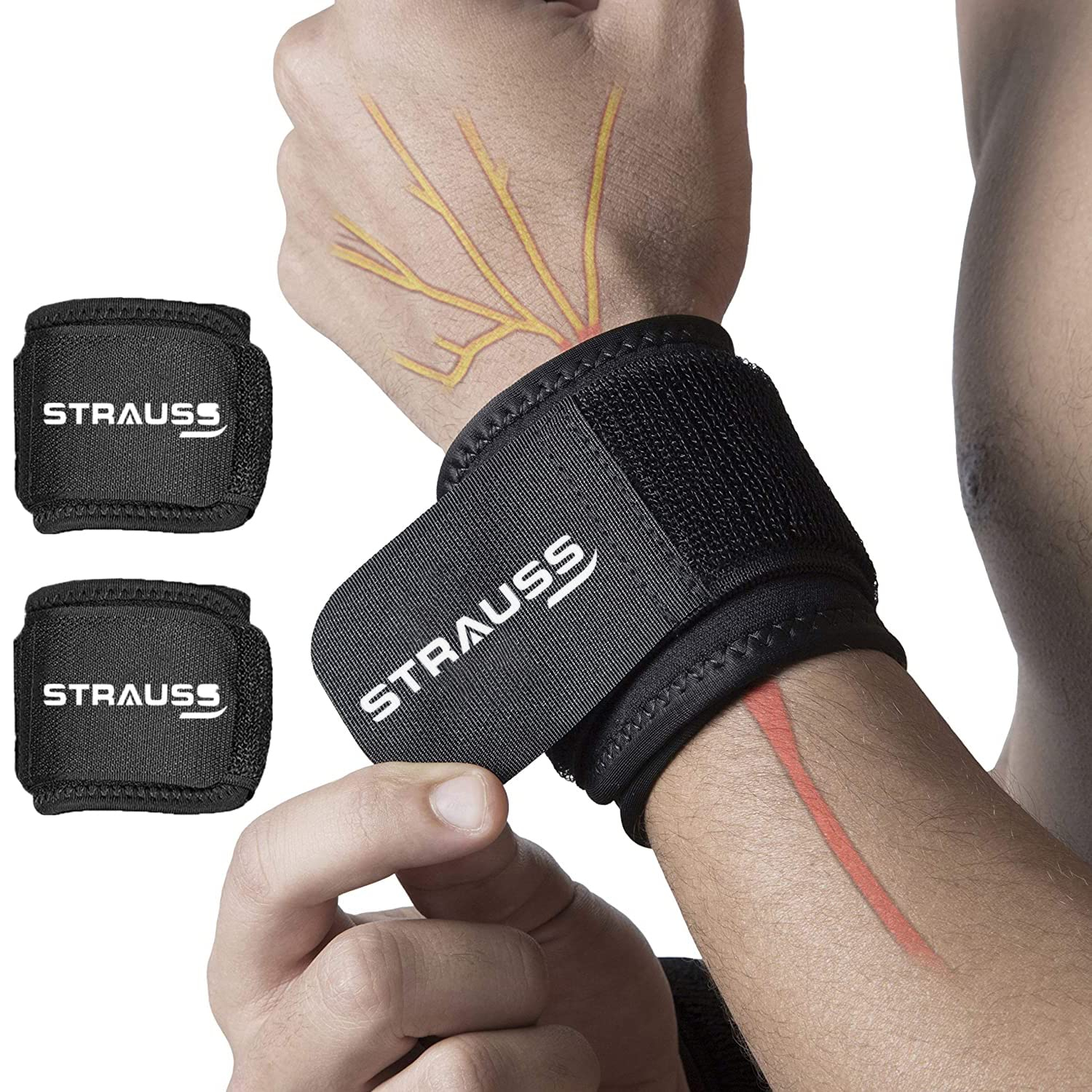 Strauss Wrist Support , Free Size, (Black) | Comes in Pair |