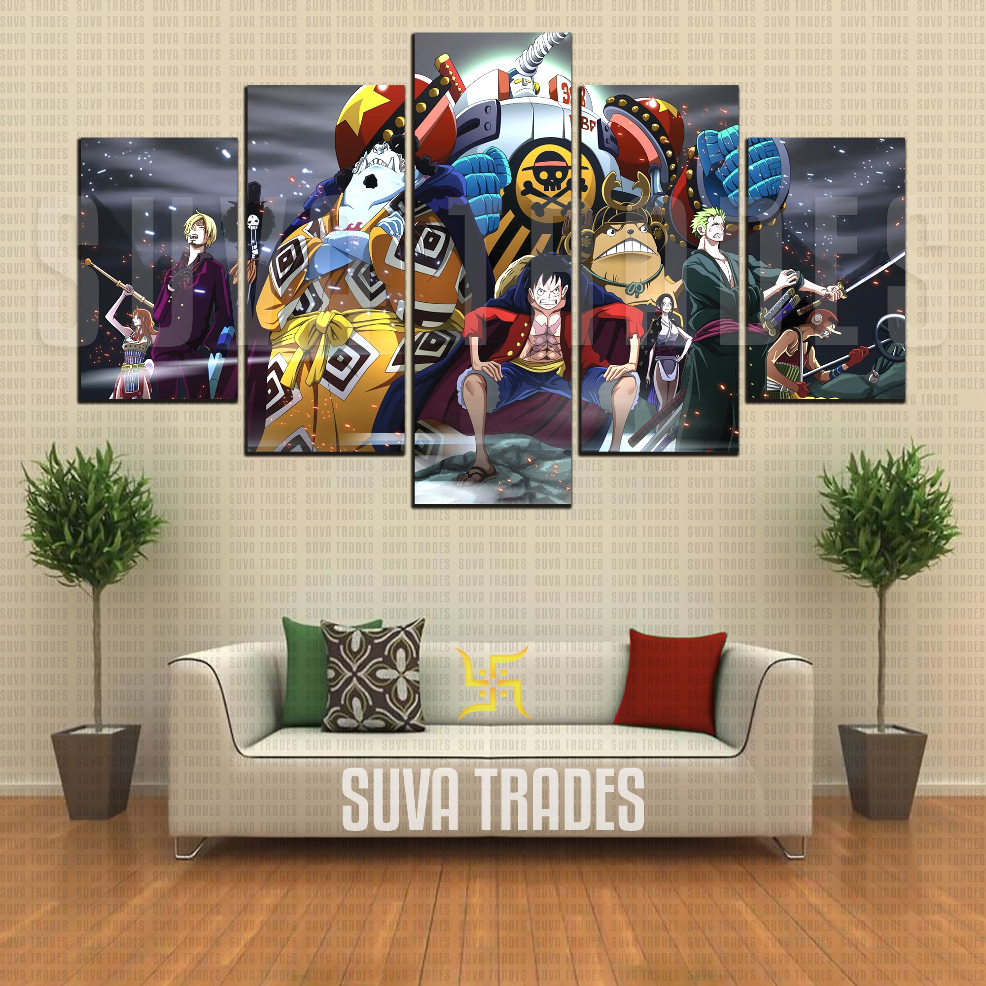 5 Piece Panel Wall Hang One Piece Anime Strawhat Crew 2 Canvas Art on Vinyl Forex Print with Frame by Om Suva Trades