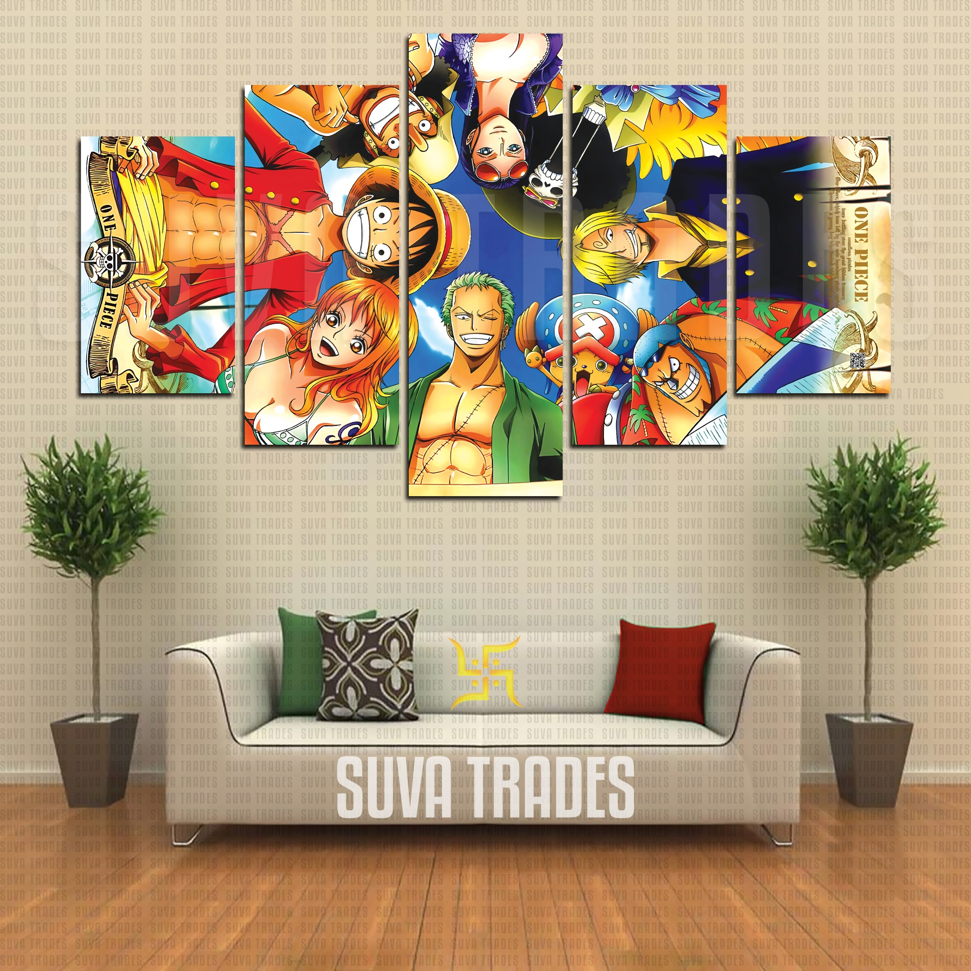 5 Piece Panel Wall Hang One Piece Anime Strawhat Crew 7 Canvas Art on Vinyl Forex Print with Frame by Om Suva Trades