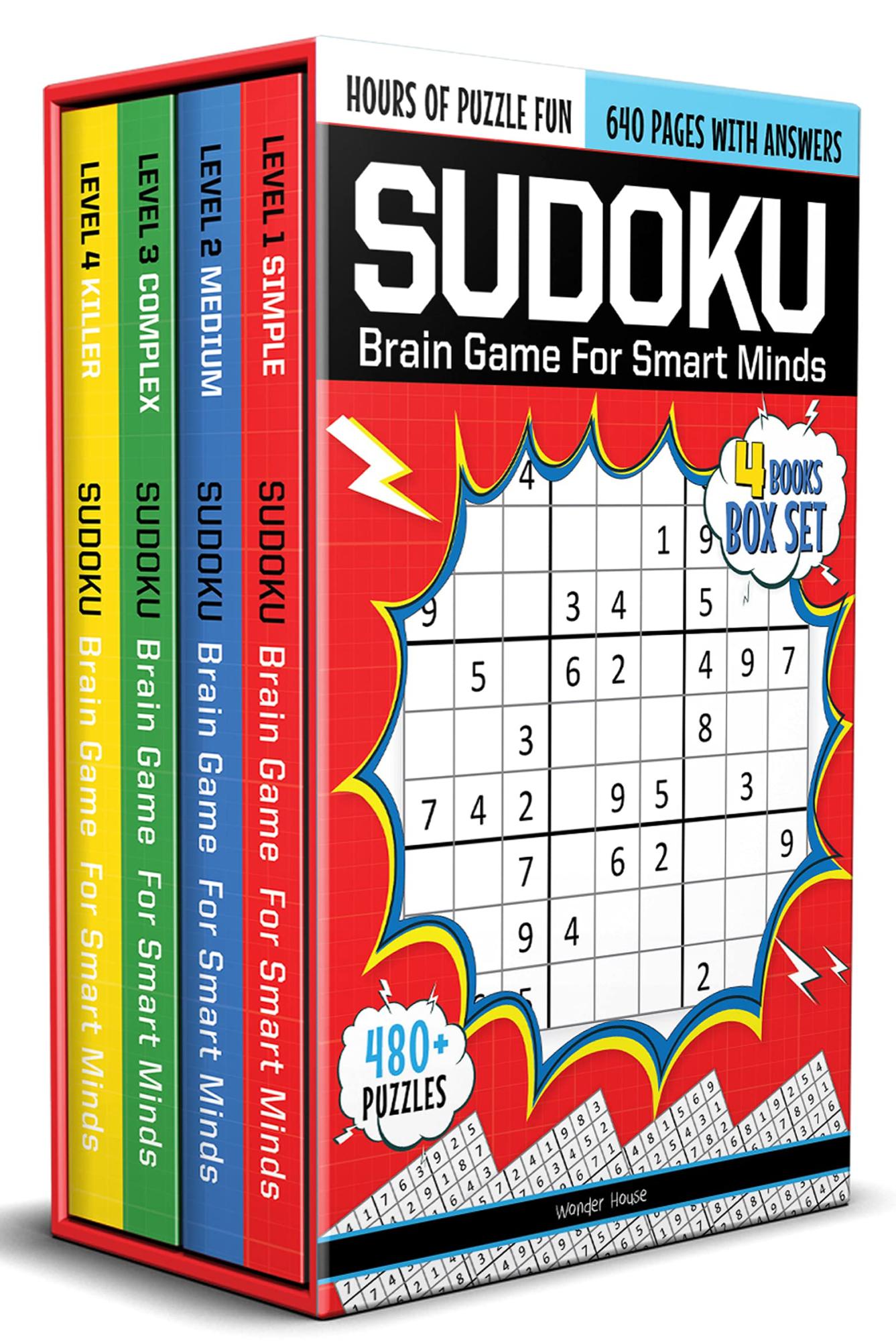 Sudoku - Brain Games For Smart Minds Box Set Of 4 Books : Brain Booster Puzzles for Kids, 480 + Fun Games. Combo of Easy, Hard, Killer, Complex Levels.