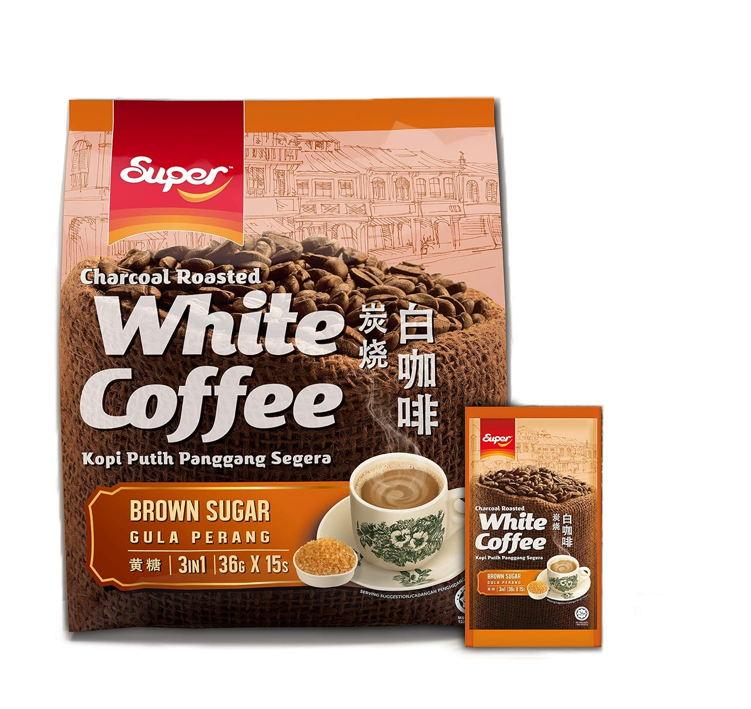 Super White Coffee 3in1 Charcoal Roasted Brown Sugar 540gm