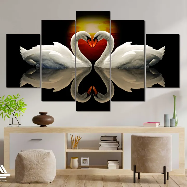 Swan 5 Panel Canvas | Wall | Home Decor | Canvas | Wall Art With Frame Inside