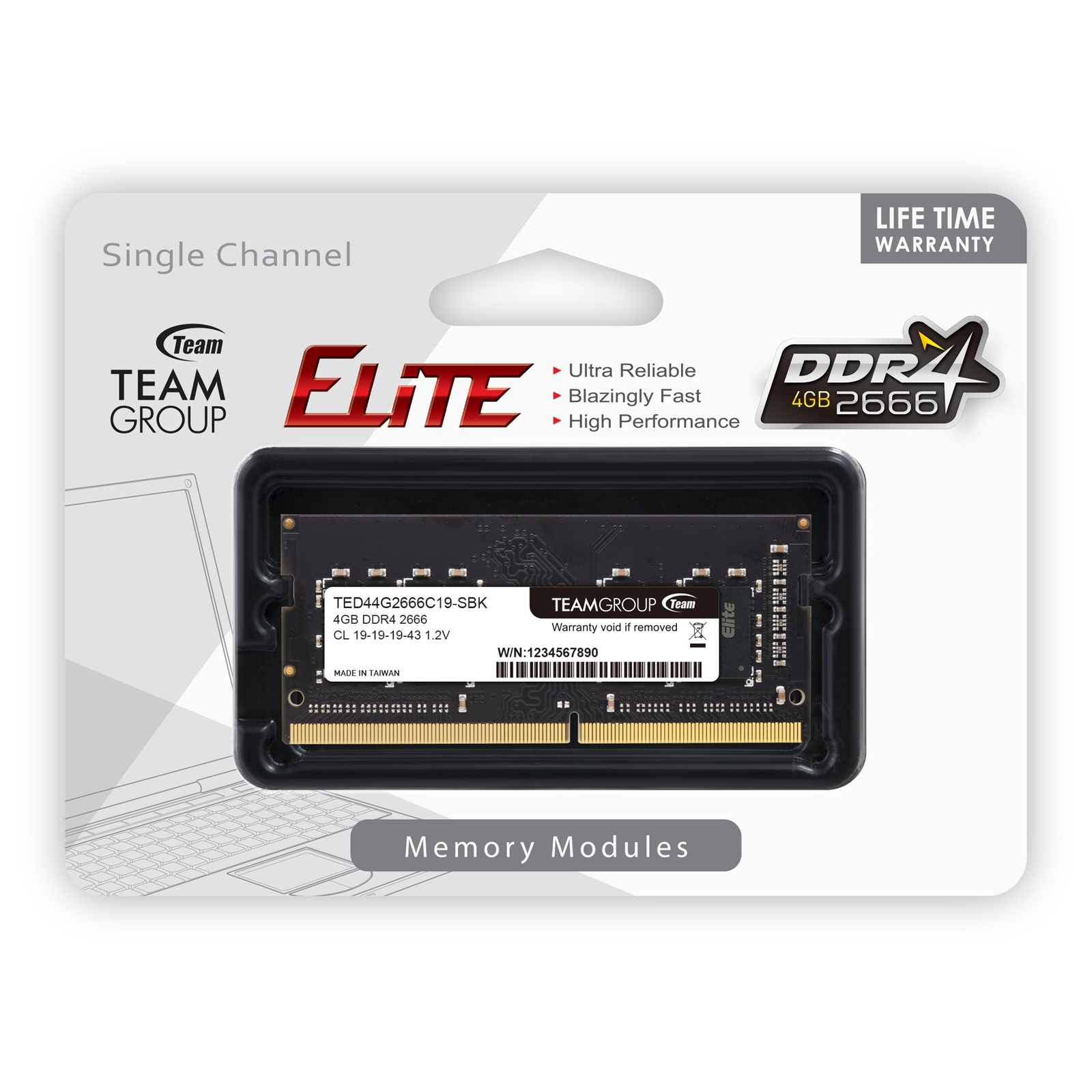 Team - Elite+ DDR4, 4GB 2666MHz - With Heat Sink, SODIMM w/o Heatsink