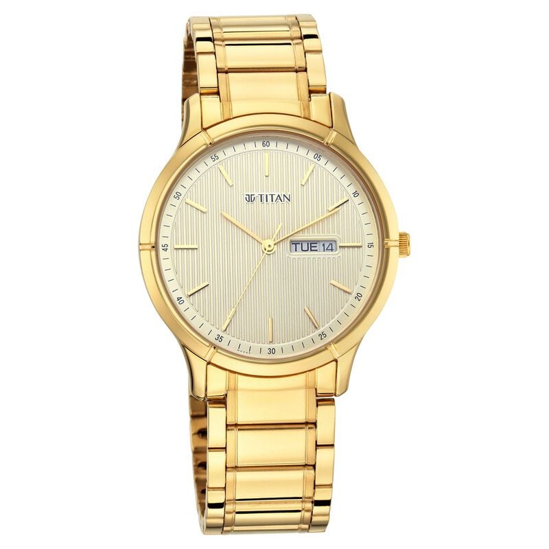 Titan 1775YM02 - Lagan Yellow Dial Analog with Day and Date Metal Strap Watch for Men