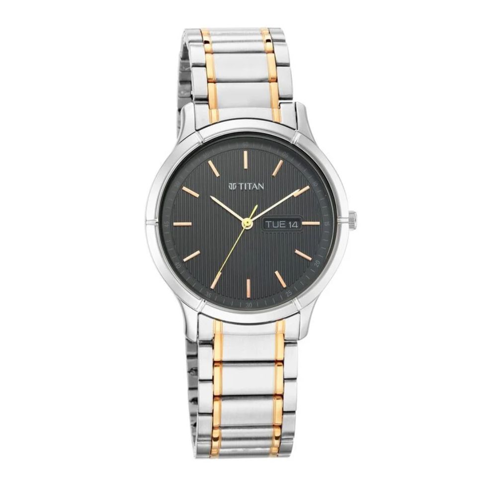Titan 1775KM01 -Quartz Analog with Day and Date Black Dial Metal Strap Watch for Men