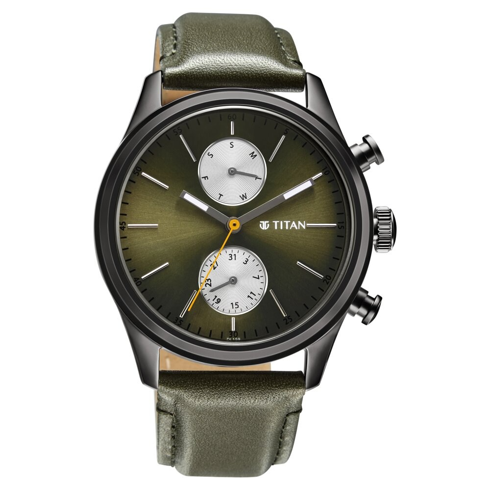Titan Elmnt Olive Green Dial Leather Strap Watch 1805QL01