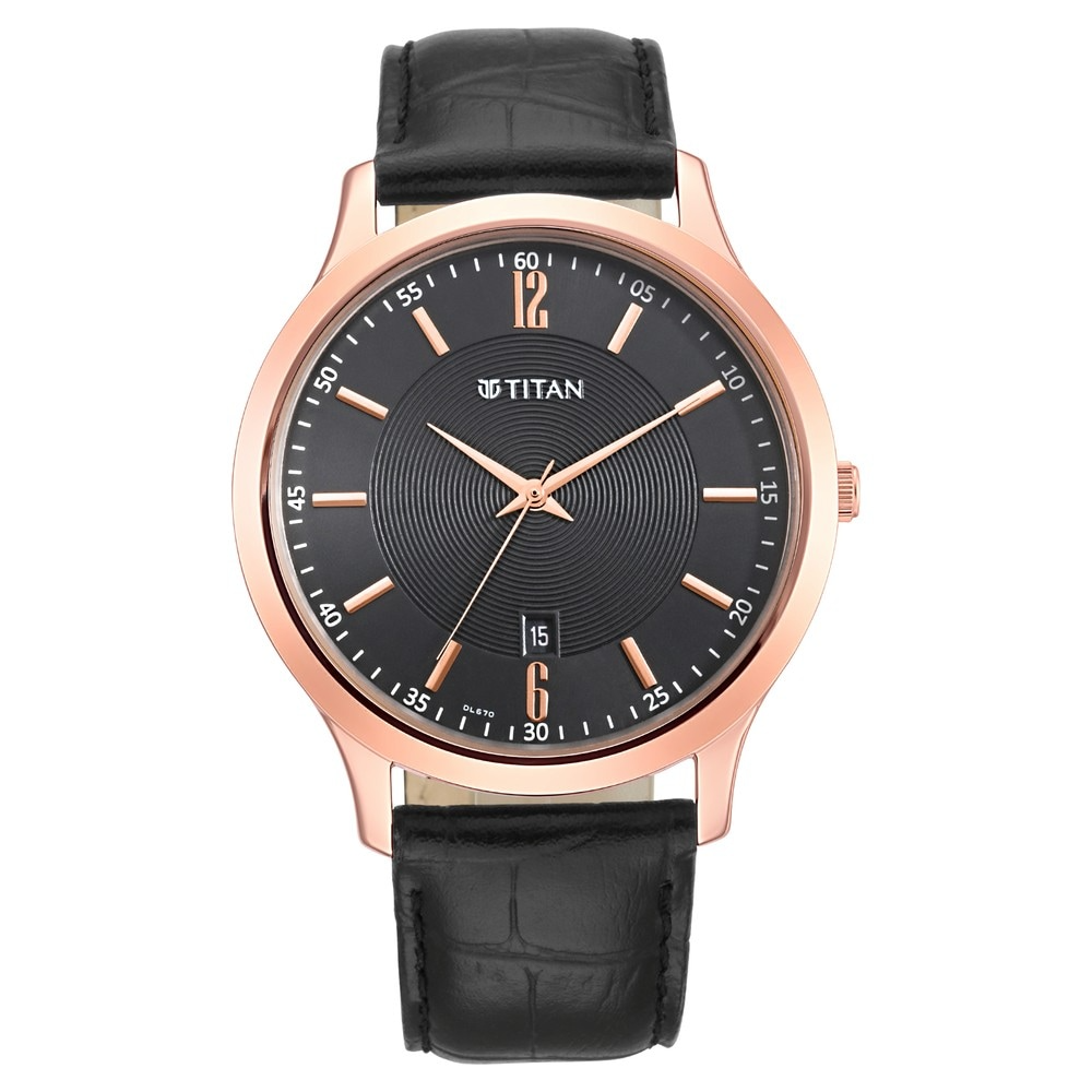 Titan Black Dial Leather Strap Watch - 1825WL03