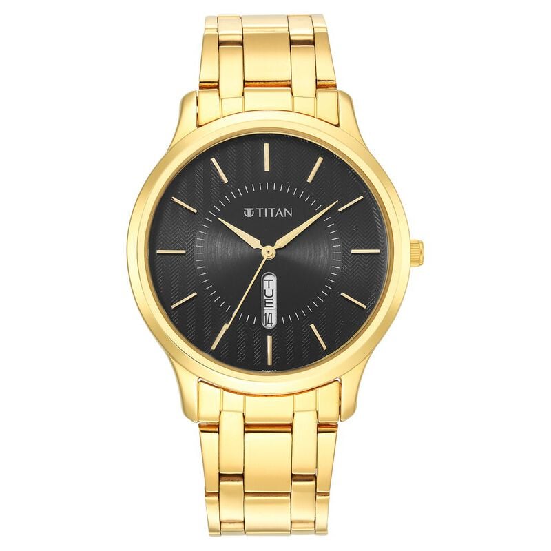 Titan 1825YM02 - Quartz Analog with Day and Date Black Dial Stainless Steel Strap Watch for Men