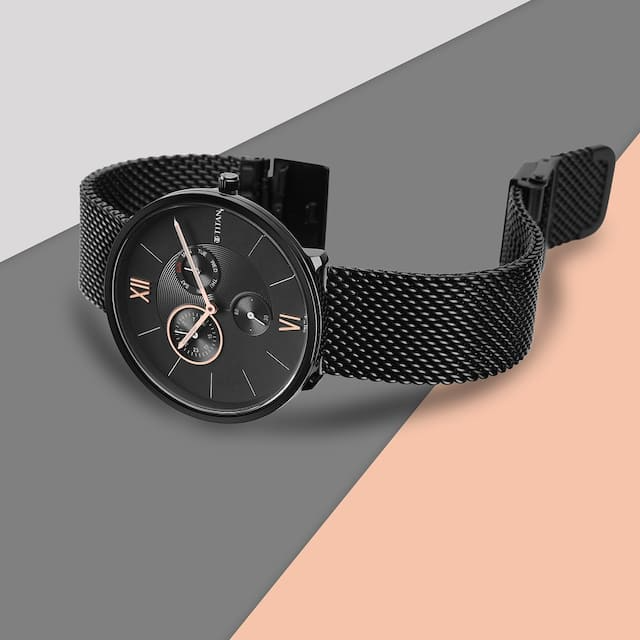 Titan Slim Multifunction Black Dial Stainless Steel Strap Watch 1877NM01