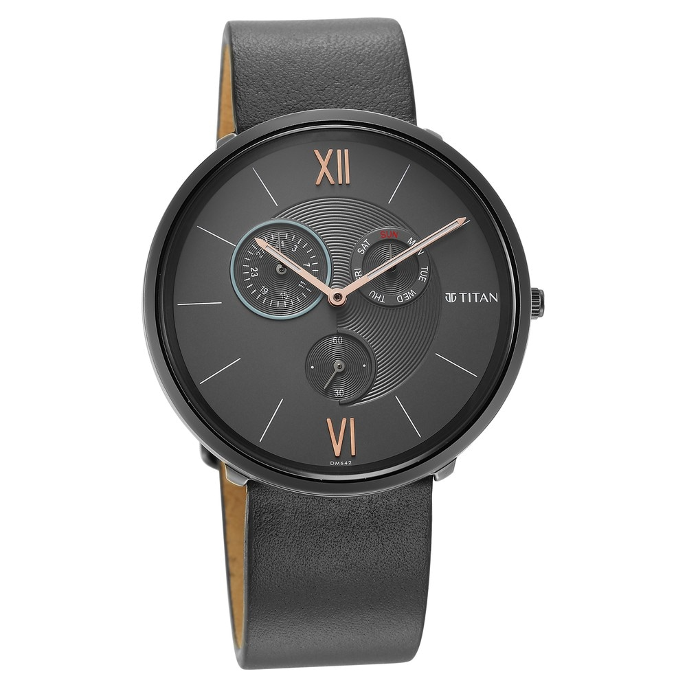 Titan Slim Multifunction Grey Dial Leather Strap Watch 1877QL01