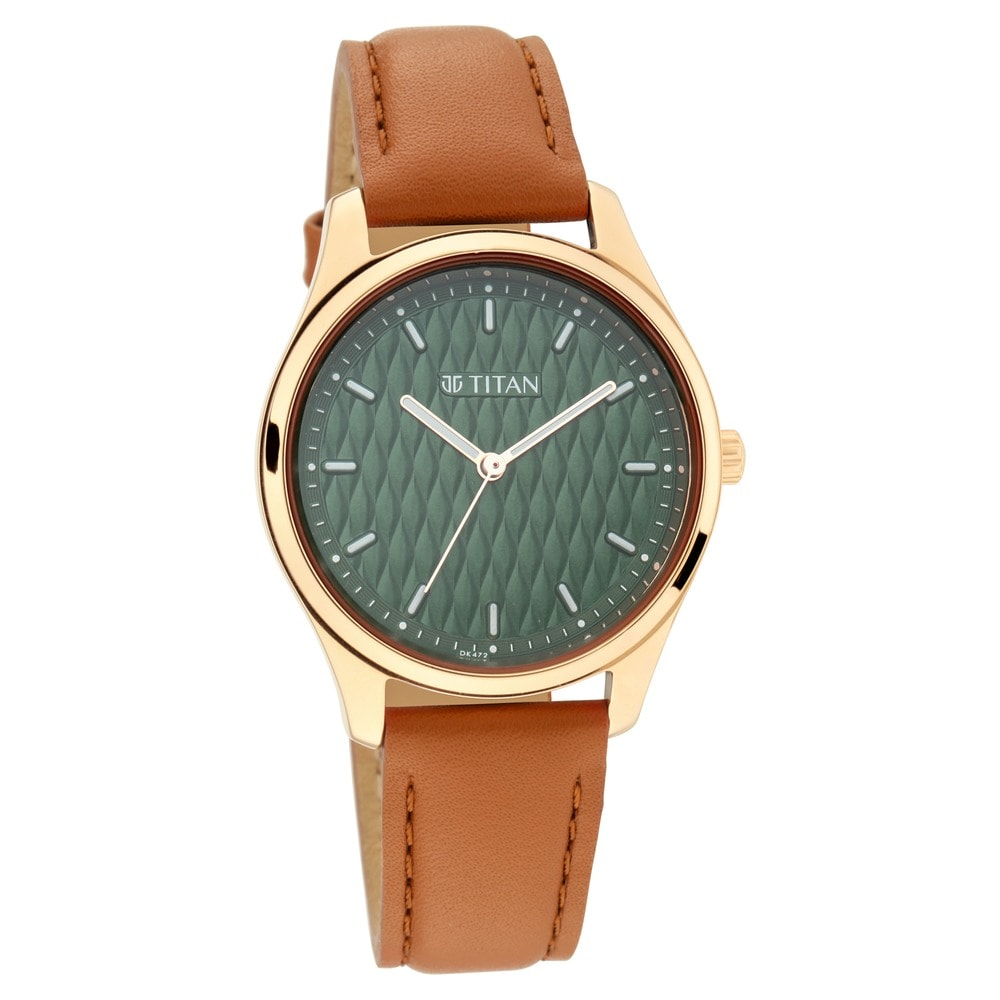 Titan Workwear Watch With Green Dial & Leather Strap Model - 2639KM01