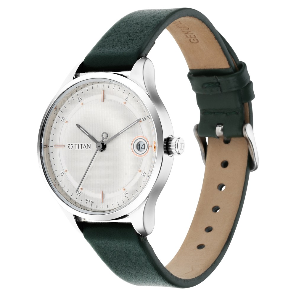 Titan Workwear Silver Dial Green Leather Strap Watch - 2649SL01