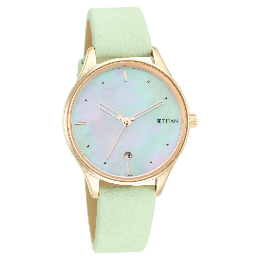 Titan Pastel Dreams White Dial Green Leather Strap Watch - 2670WL04