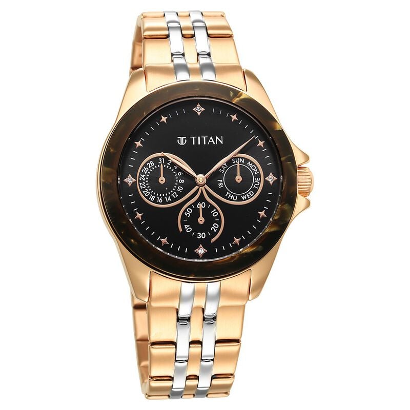 Titan 95186KM02 - Acetate Black Dial Analog with Day and Date Stainless Steel Strap Watch for Women