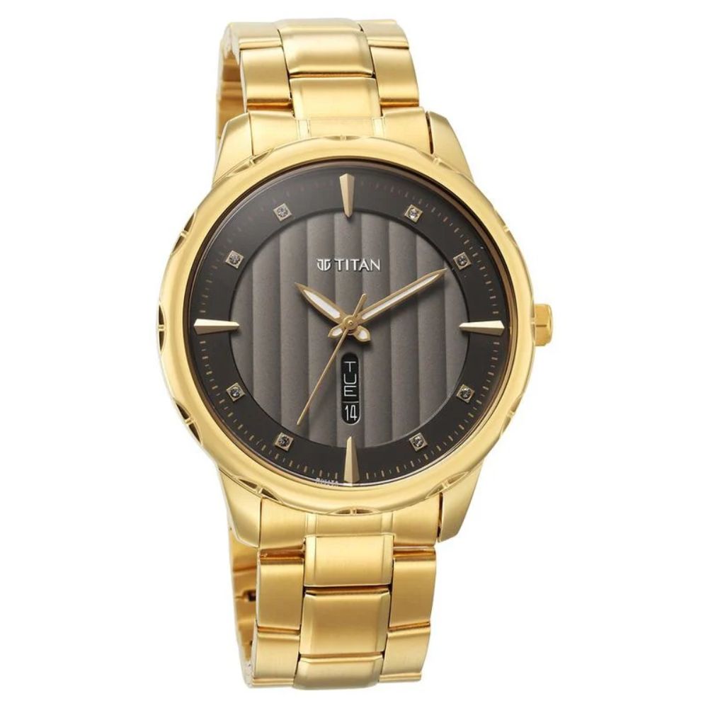 Titan 1885YM01 - Quartz Analog with Day and Date Yellow Dial Metal Strap Watch for Men