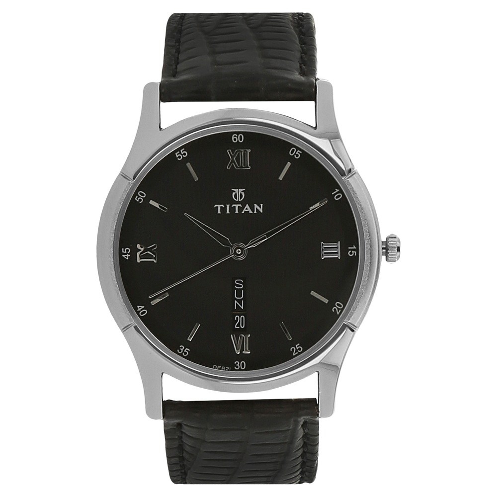 Titan Black Dial Black Leather Strap Watch 1636SL02