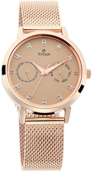 Titan Sparkle Blue Dial Rose Gold Mesh Strap Analog Multi Function Watch for Women 2569WM05