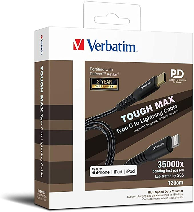 Verbatim Type C to Lightning Cable with Kevlar 120cm - Black 66048