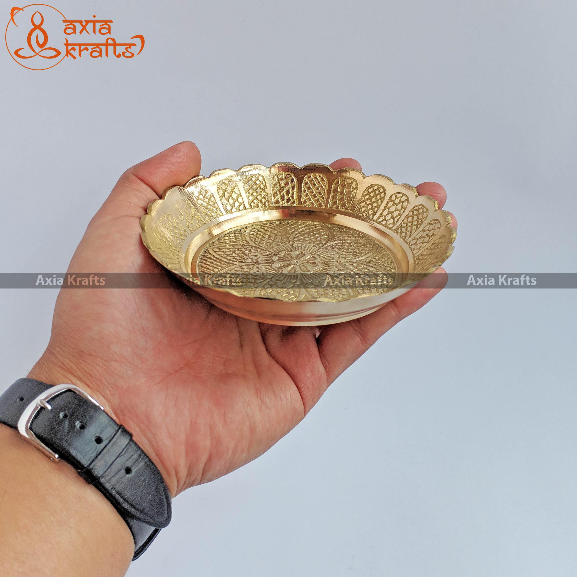 Axia Krafts  Typical Brass Plate-3.5 inches( Set of 6 ) | Puja plate | Shagun plate | Pital plate 