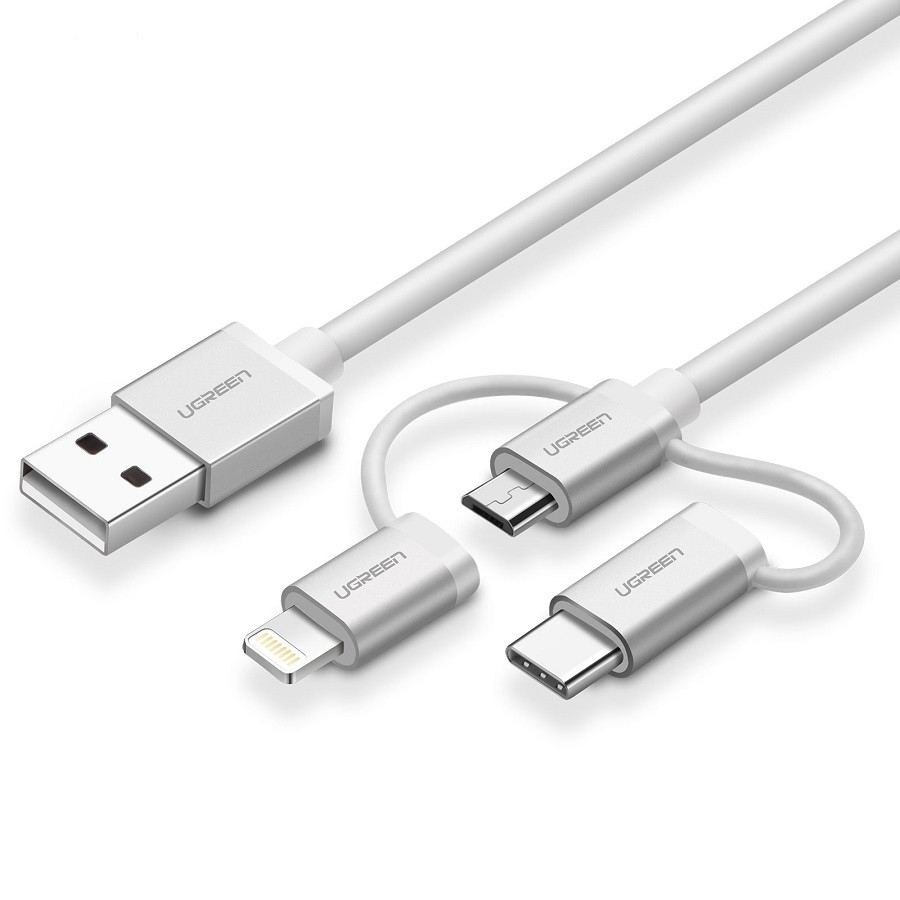 UGREEN USB 2.0 to Micro USB+Lightning+Type C (3 in 1) Data Cable with Braid