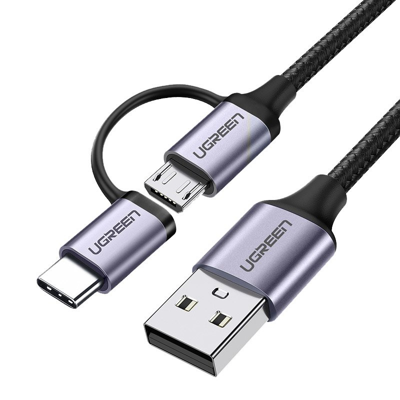 UGREEN 1 Mtr USB 2.0 A Male To Micro USB + USB-C Male 3A  Data Cable