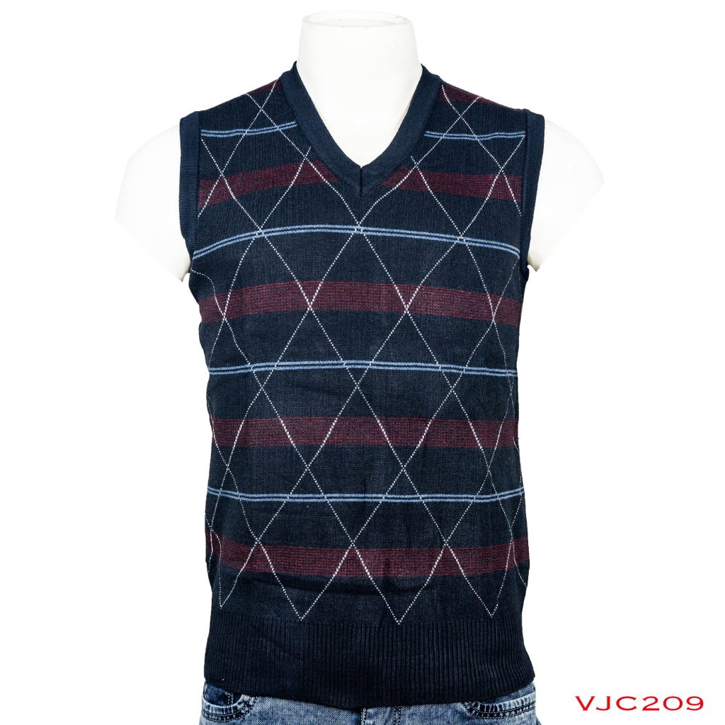 VIRJEANS Woolen (VJC209) V Neck Style Half Check Sweater For Men Winter Season - Dark Blue