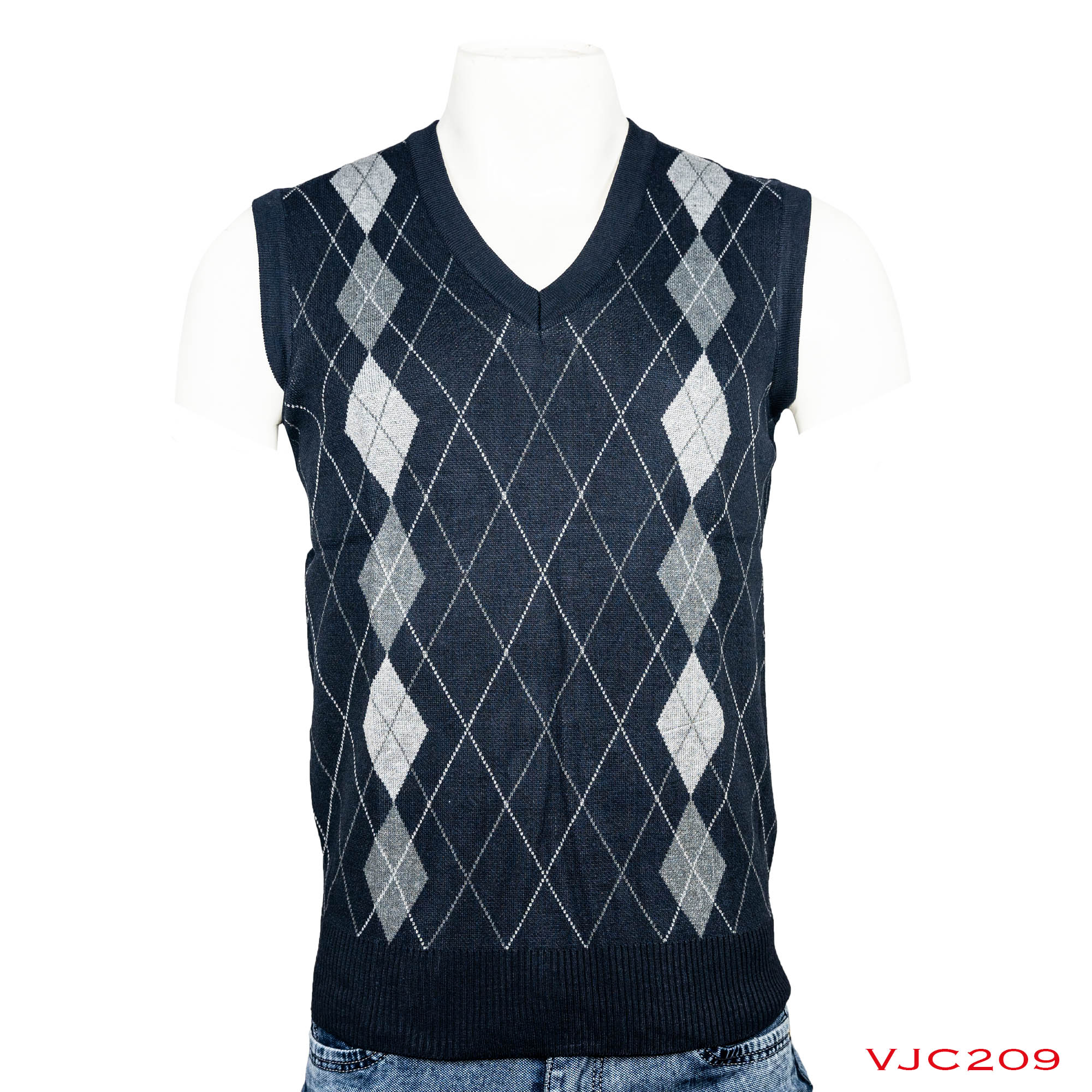 VIRJEANS Woolen (VJC209) V Neck Style Half Check Sweater For Men Winter Season -Blue