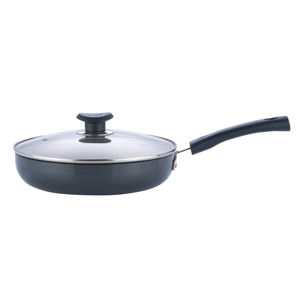 Vinod Black Pearl Hard Anodised Deep Frypan with Glass Lid Fry Pan 24 cm
