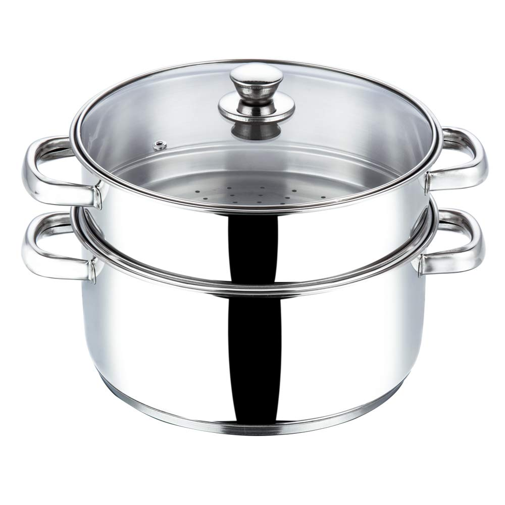 Vinod Bssh224 Momo Maker - Stainless Steel 2 Tier Steamer/Momo/Modak Maker with Glass Lid & Riveted Handles of 24 cm