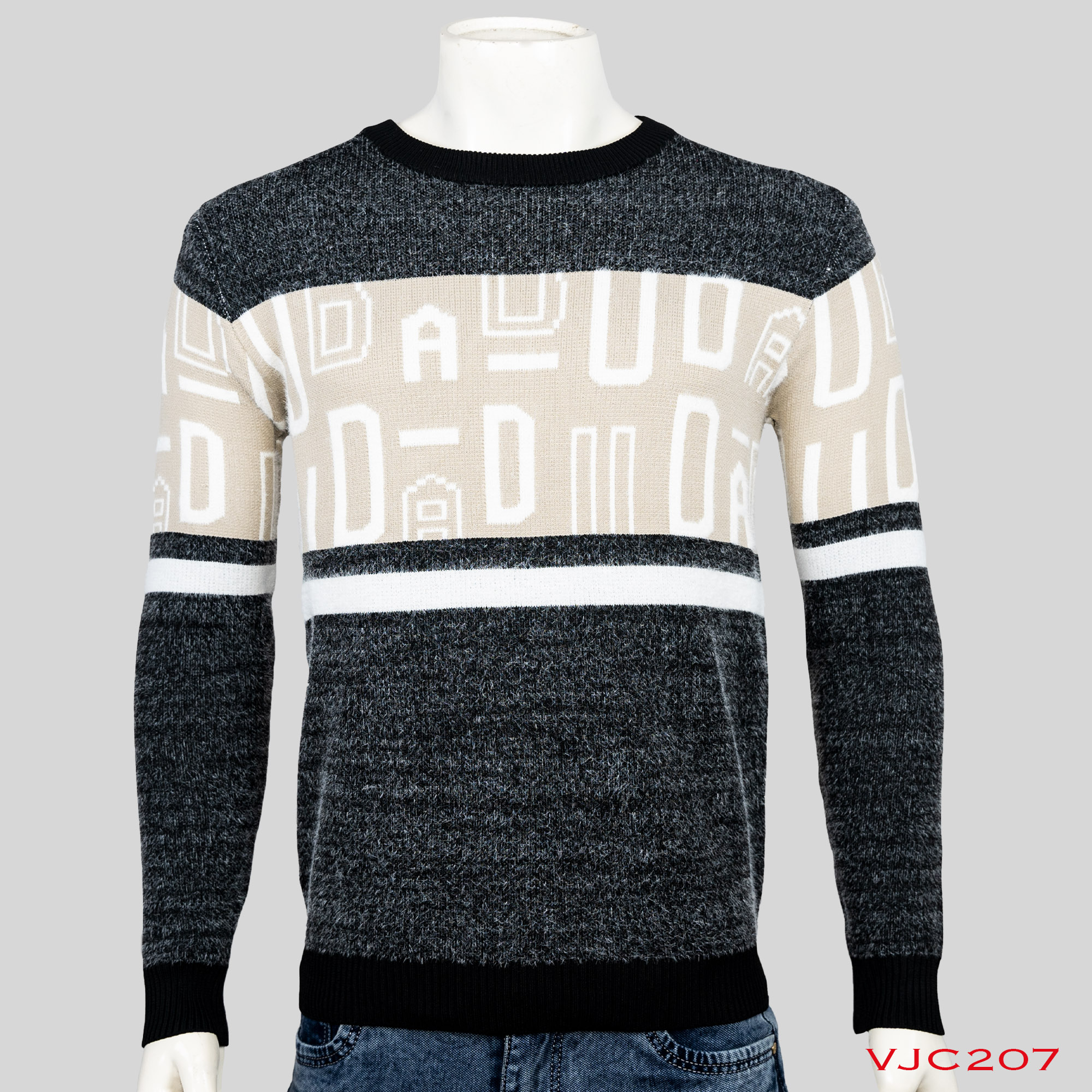 VIRJEANS (VJC207) Round Neck Warm Sweater For Men Winter Season - Black With Cream