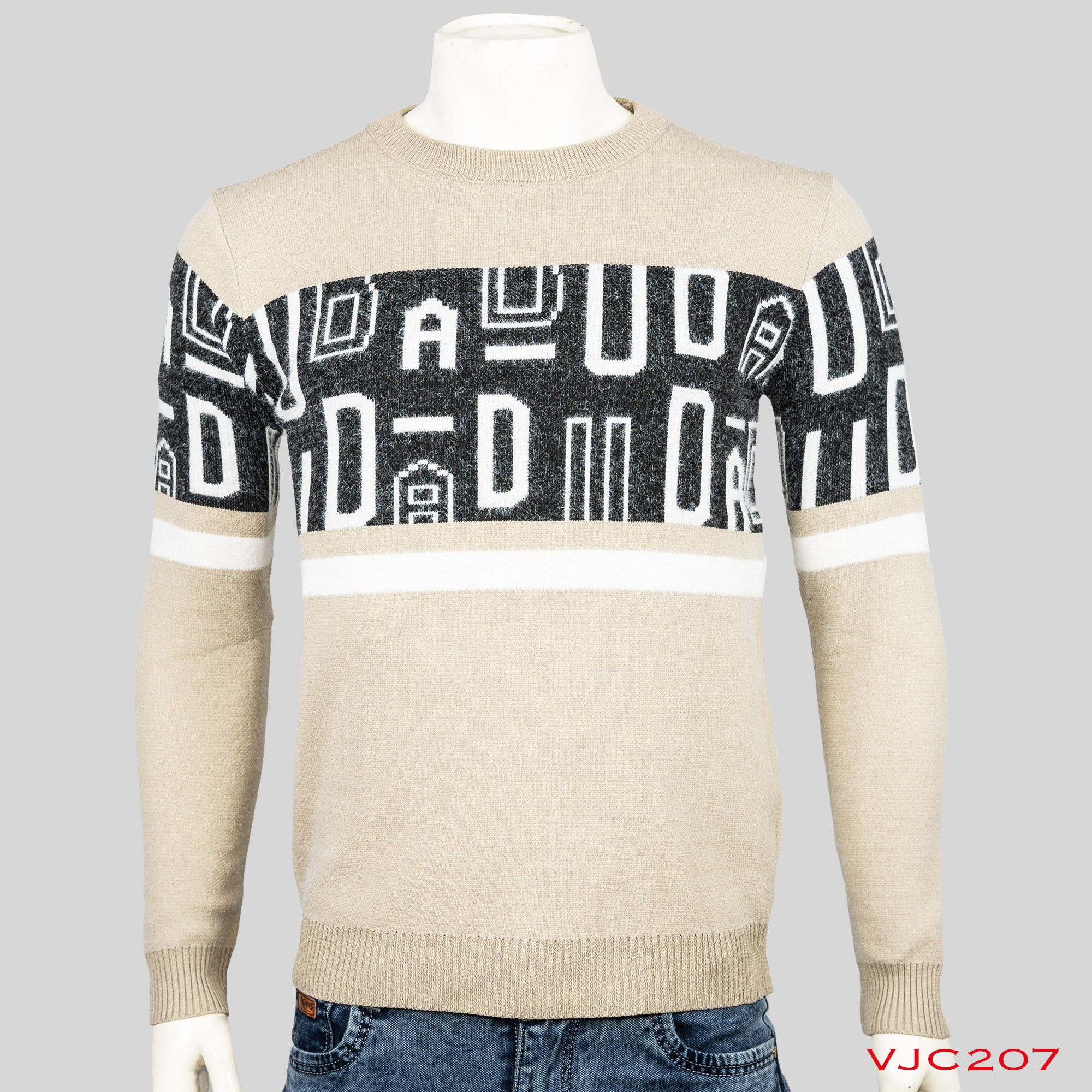 VIRJEANS (VJC207) Round Neck Warm Sweater For Men Winter Season -  Cream with Black