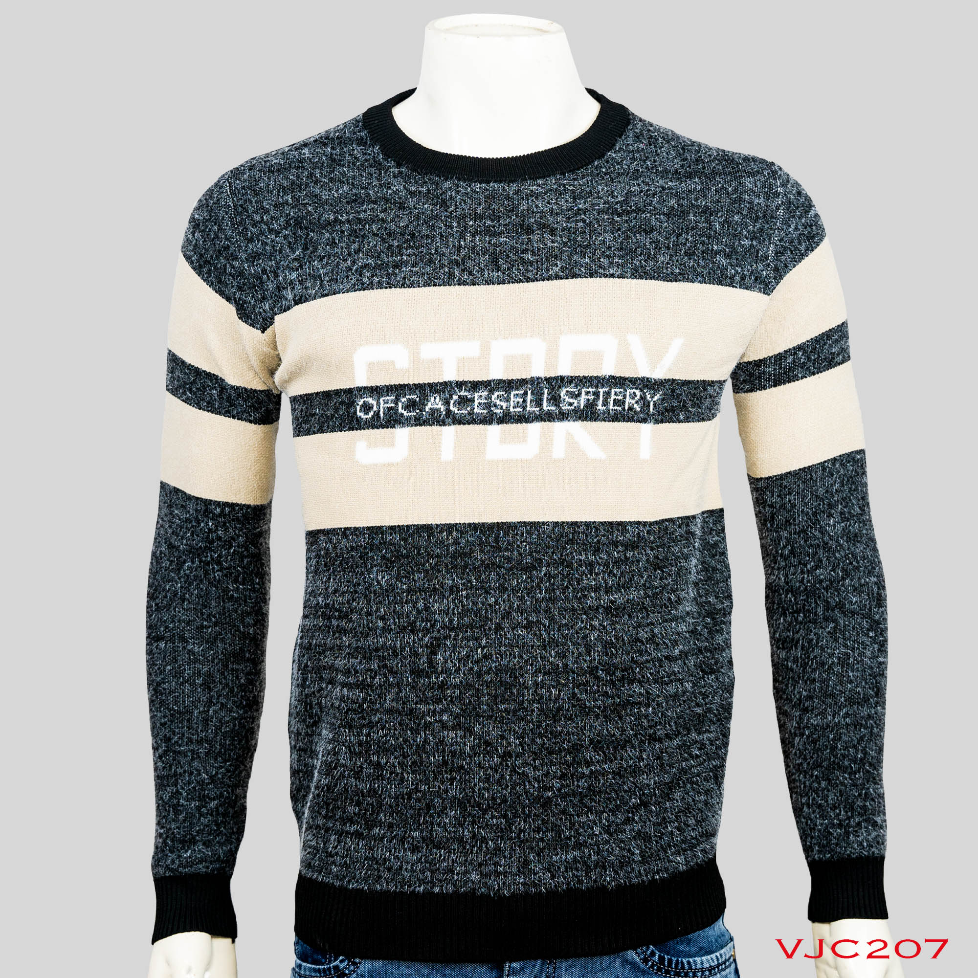 VIRJEANS Woolen (VJC207) Round Neck Warm Sweater For Men Winter Season-Black With Cream