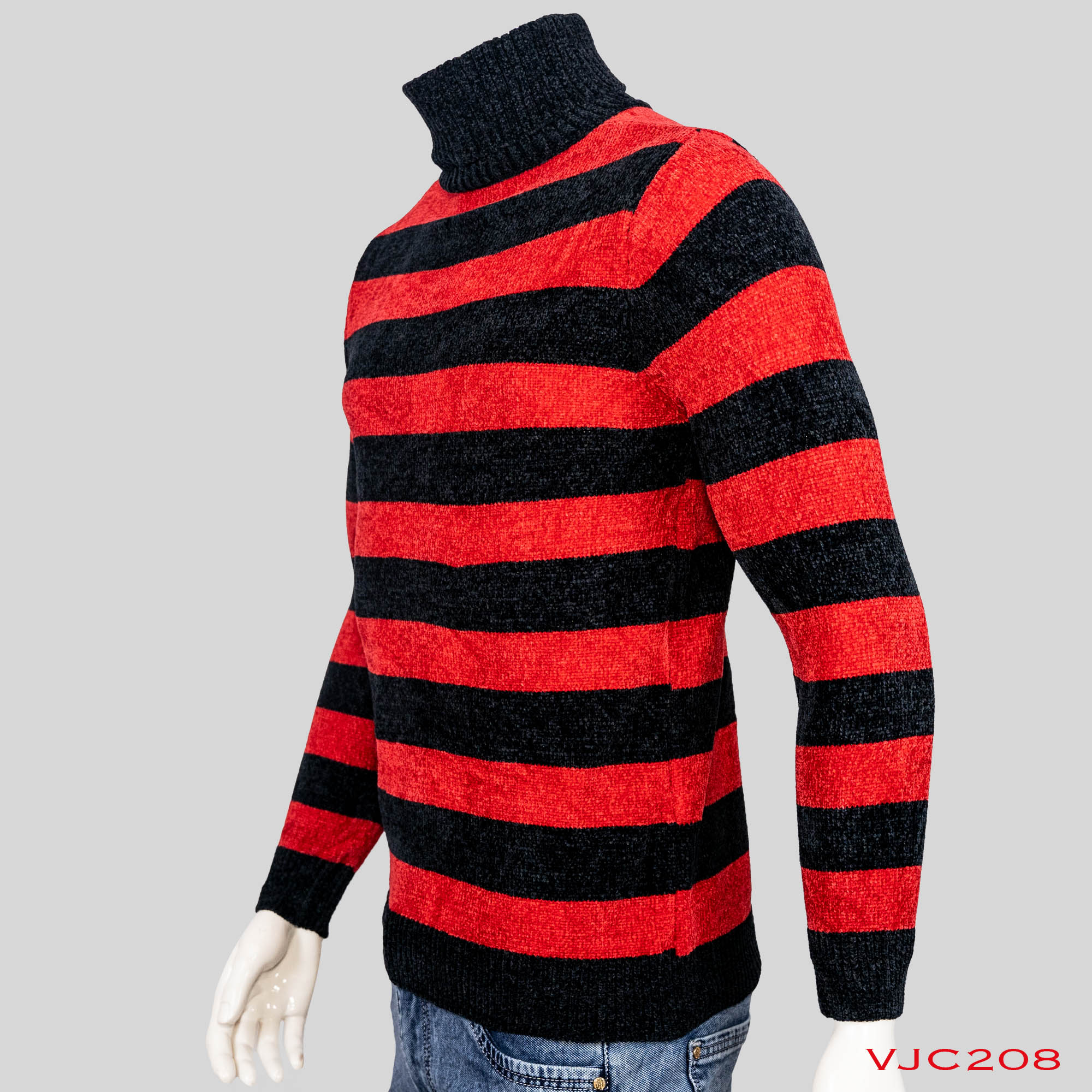 VIRJEANS Woolen (VJC208) Round Neck Lining Design Warm Sweater For Men Winter Season-Black And Red