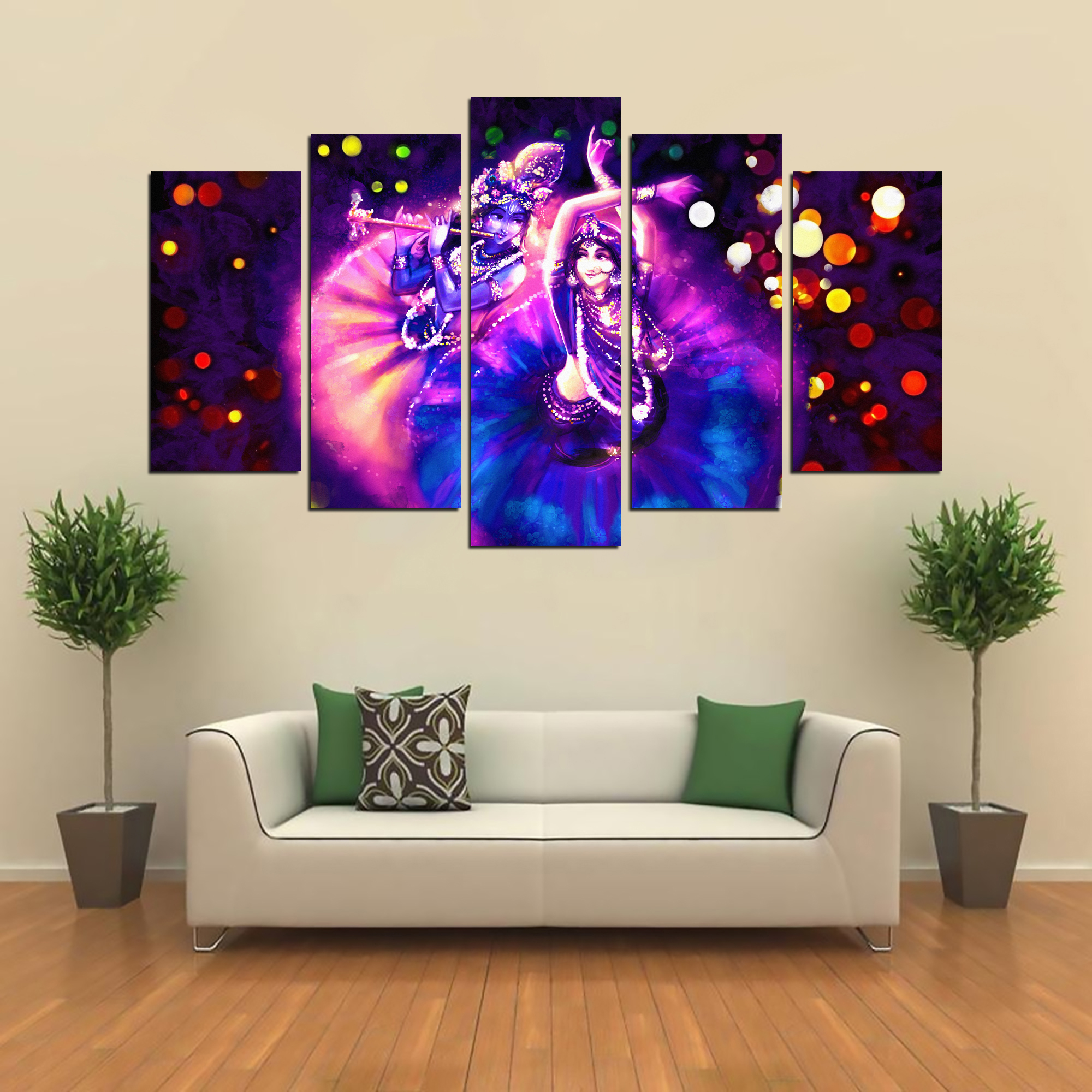 5 Piece Panel Radha Krishna Love Dance God Canvas Art on Vinyl Forex Print with Frame by Om Suva Trades