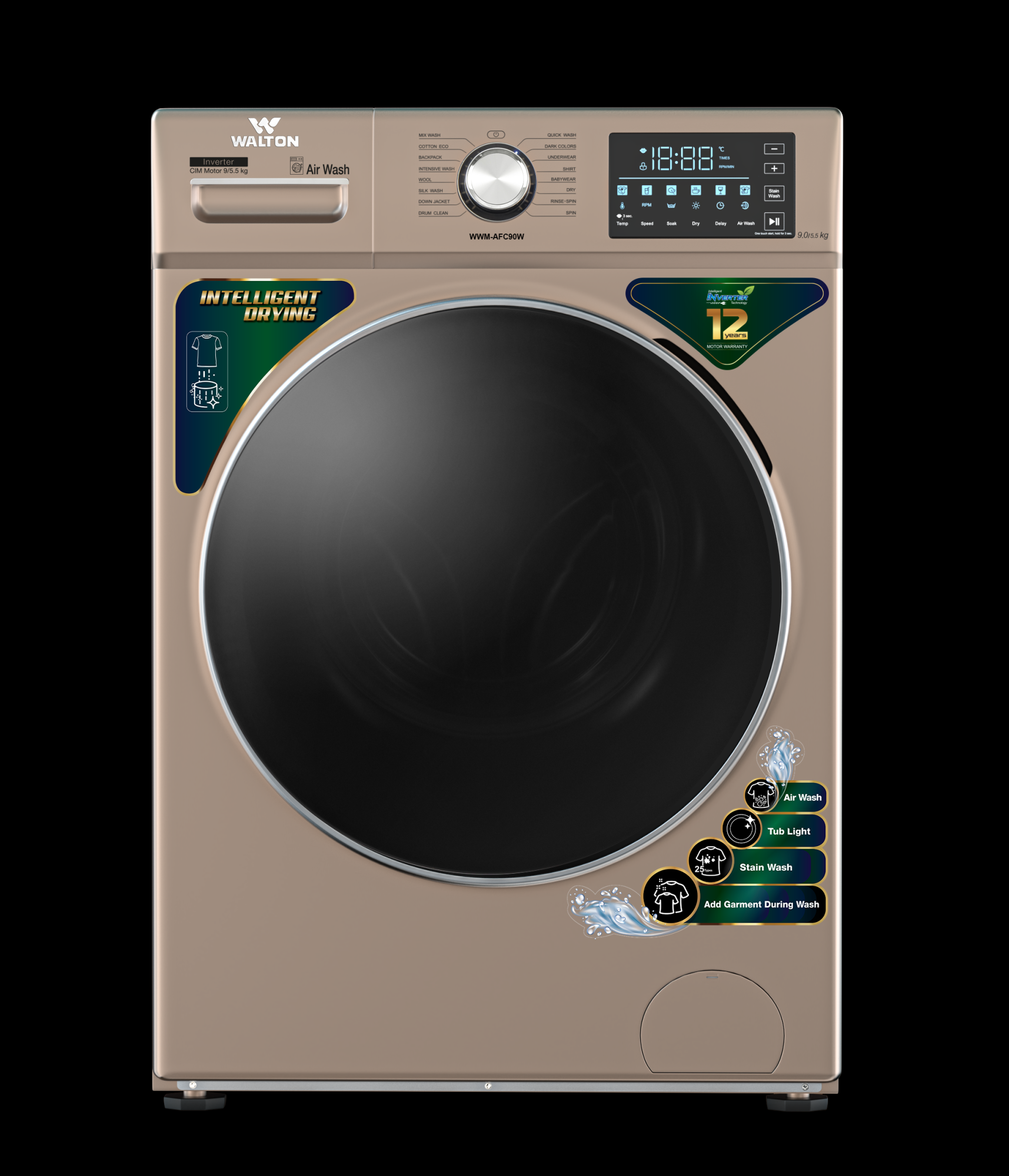Walton WWM-AFC90W - Washing Machine - 9/5.5 kg - Grey/Golden