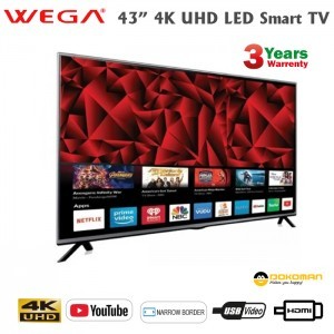 Wega 43W4K-X10 TV - 43" Inch UHD 4K LED Smart TV, Android 9.0, 1GB Ram, 8GB Rom