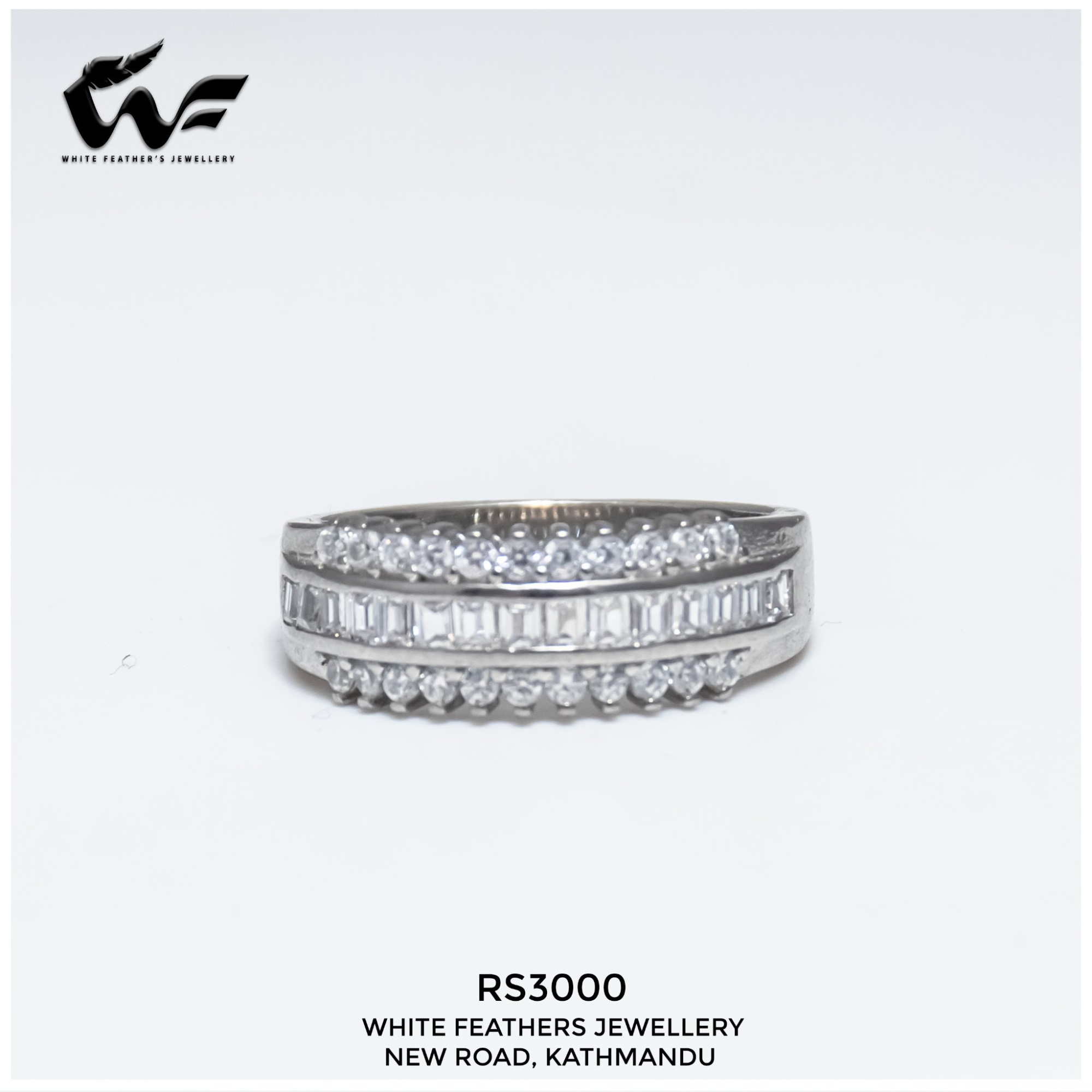 White Feathers Emerald Cut Silver Band Ring (4 g) For Women 