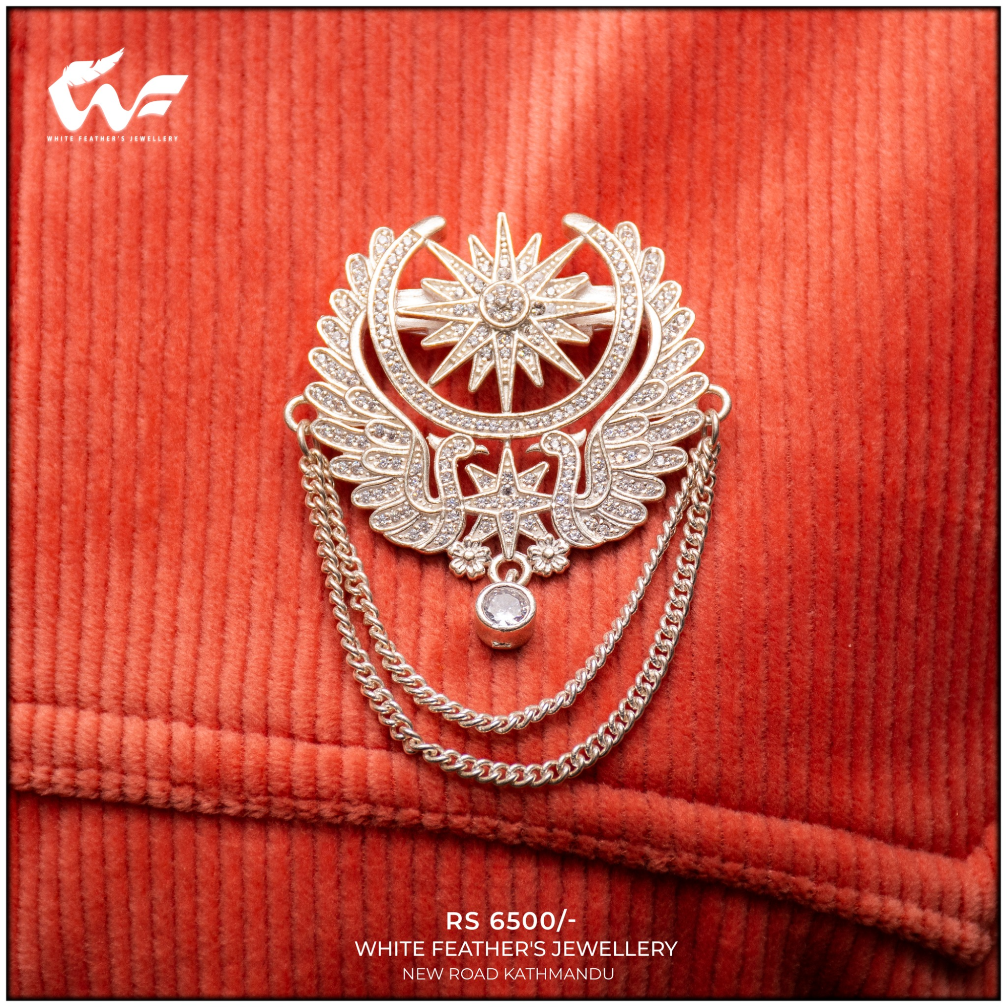 White Feathers Pure Silver Saree Pin for Women