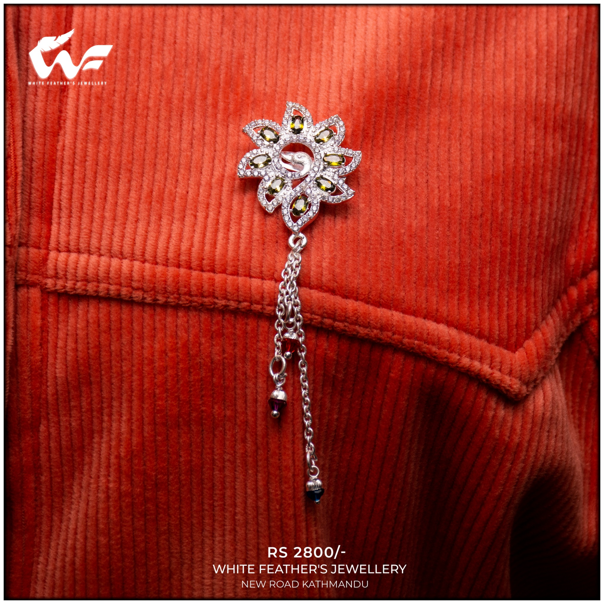 White Feathers Pure Silver Saree Pin for Women