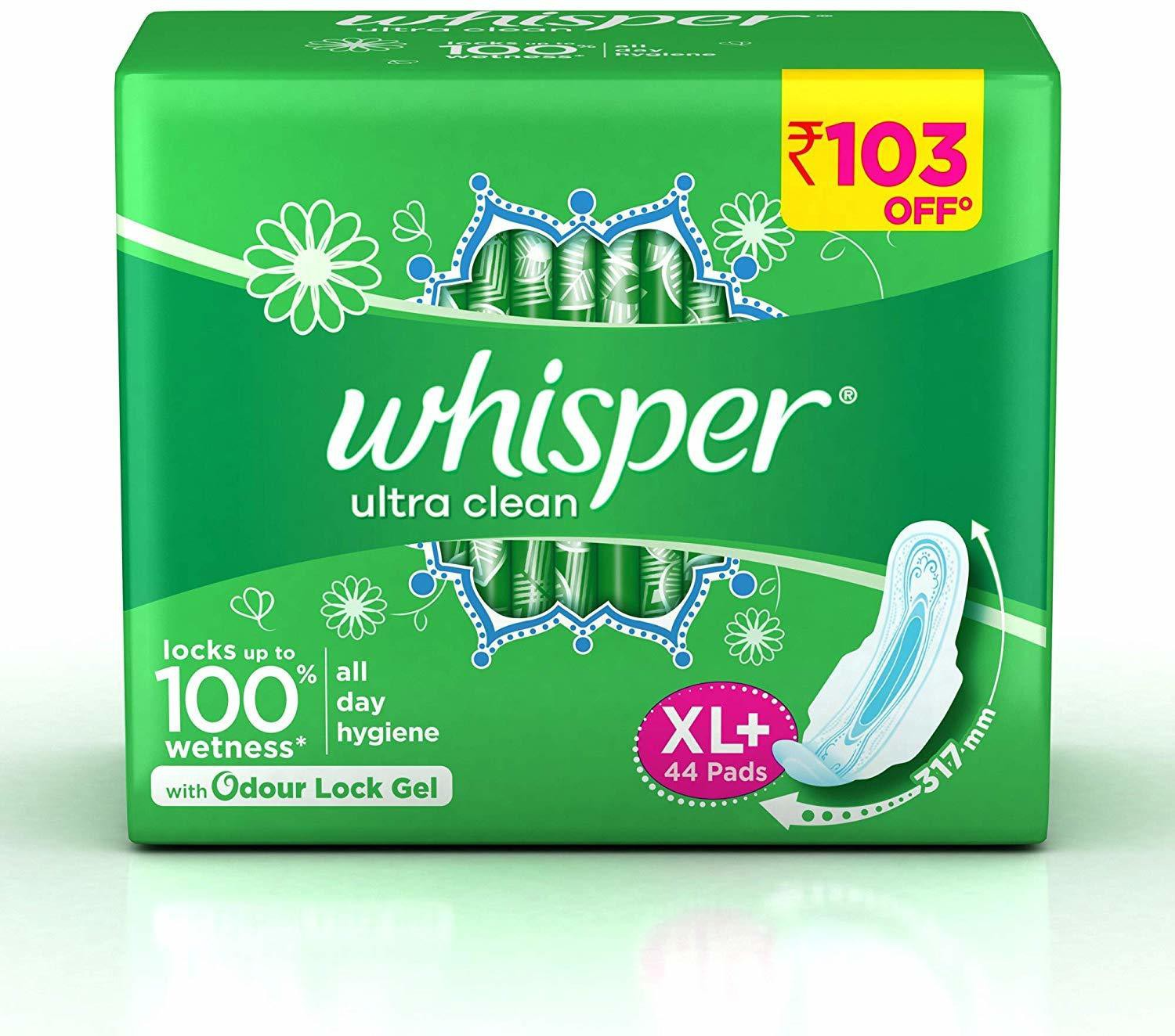 Whisper Ultra Clean Sanitary Pads XL+ 44 Napkins