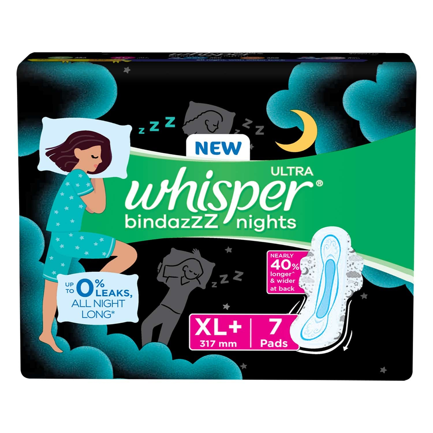 Whisper Ultra Night Sanitary Pads for Women, XL+, 7 Napkins 