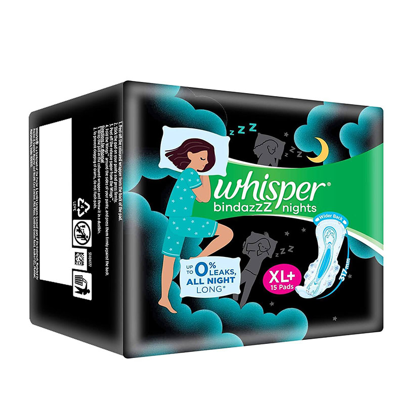 Whisper Bindazzz Night Sanitary Pads XL+ Wings,15 Napkins