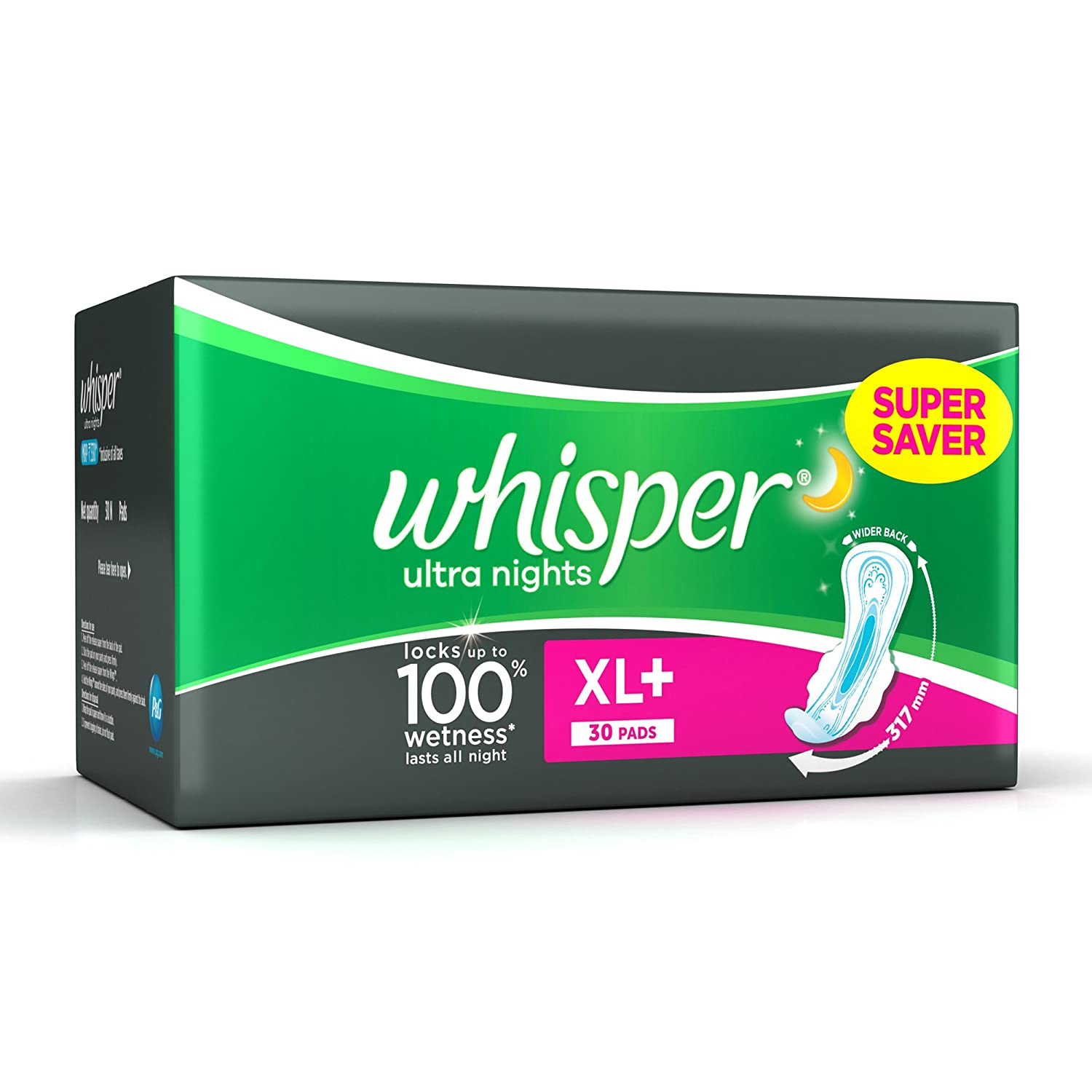 Whisper Ultra Overnight Sanitary Pads XL+ Wings-30 Count