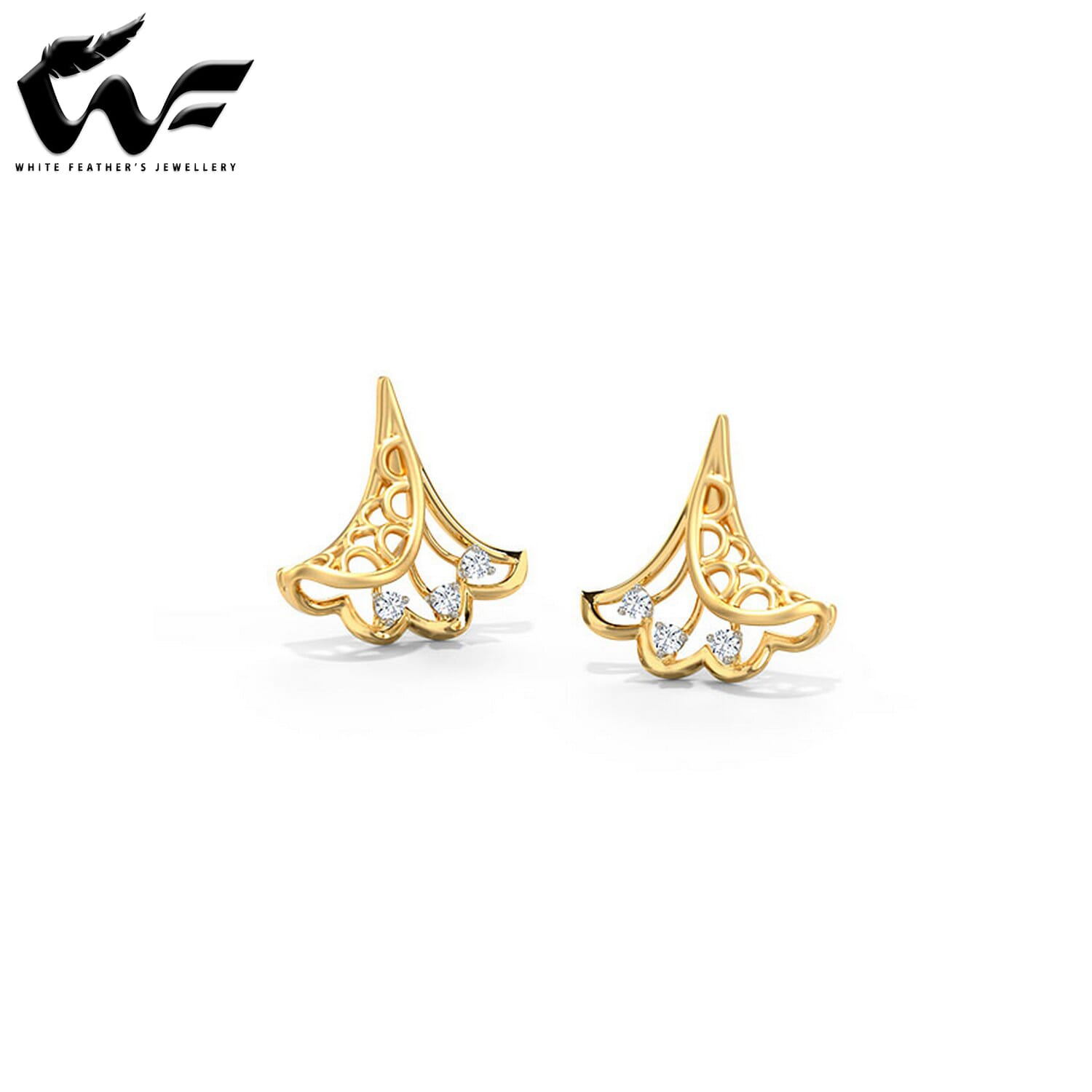 White Feathers Duo Pleat Diamond Stud Earrings for women