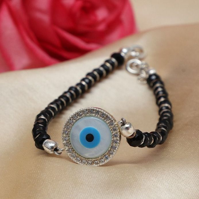 White Feathers Black Beads Evil Eye Bracelet for Women