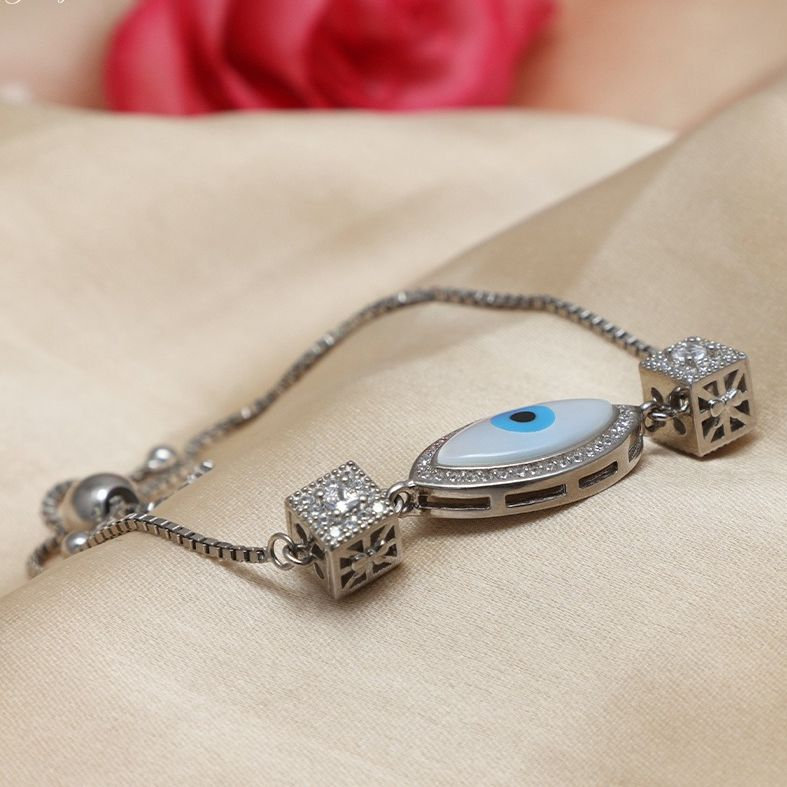 White Feathers Silver Fish Evil Eye Bracelet for Women