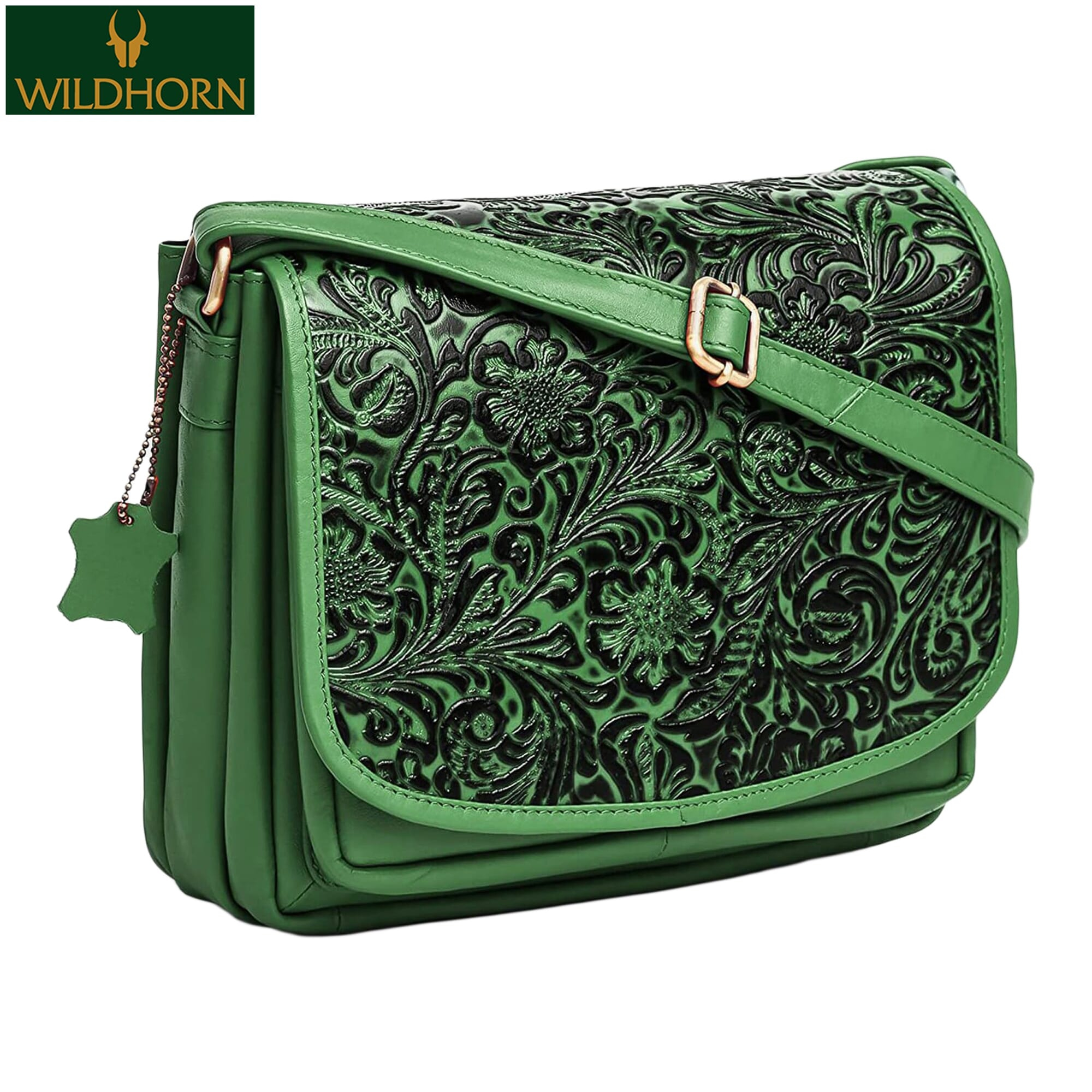 WILDHORN Nepal Oliva Crossbody Bags for Women-Premium Leather Vintage Fashion Purse with Adjustable Strap ( LB1002 Green floral print)