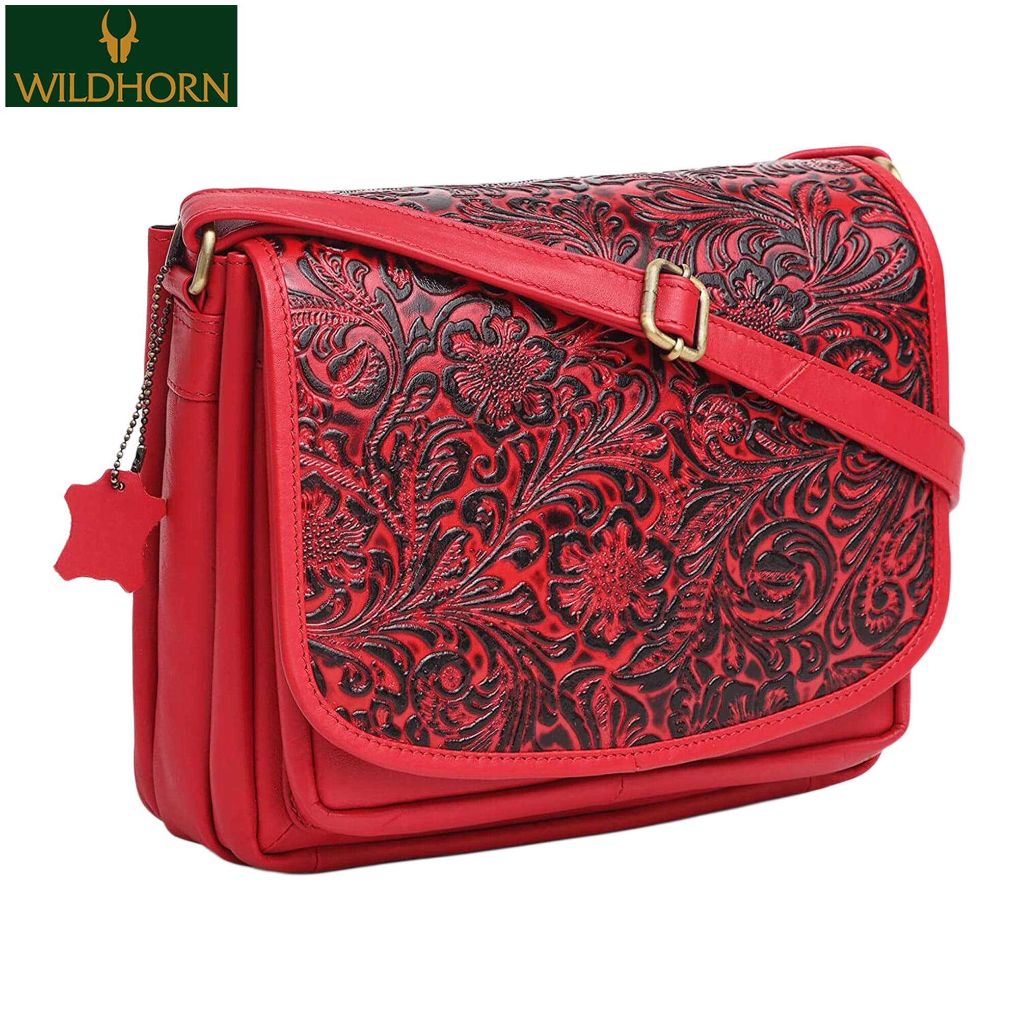 WILDHORN Nepal Oliva Crossbody Bags for Women-Premium Leather Vintage Fashion Purse with Adjustable Strap ( LB1002 Red floral print )