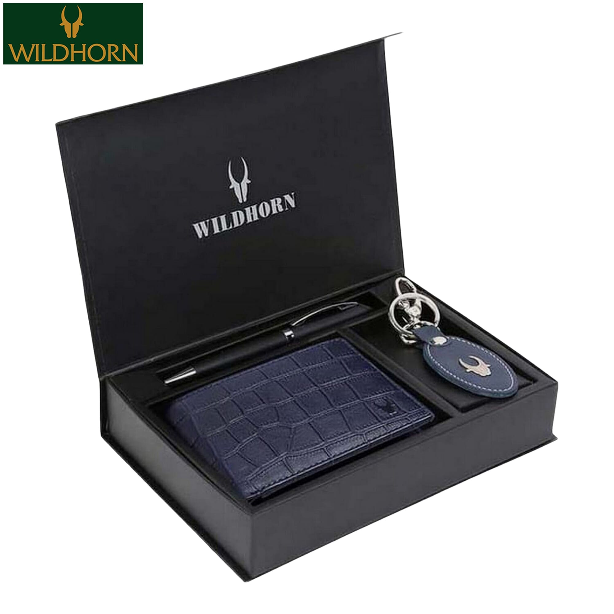 WILDHORN Nepal® RFID Protected 100% Genuine Leather Wallet, Leather Keychain & Pen Combo for Men(WHPWK201BLUECROCO2)